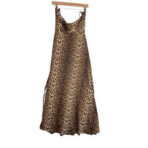 New Lucky & Blessed Leopard Ruched Halter Slit Hem Gathered Dress Size M Brown
